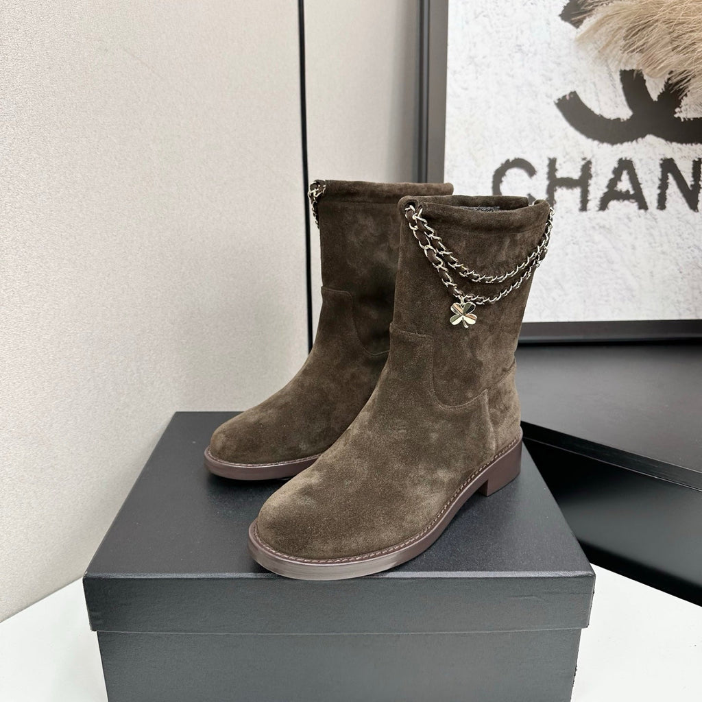CHANEL 25S SHORT BOOTS IN BROWN SUEDE SILVER HARDWRE
