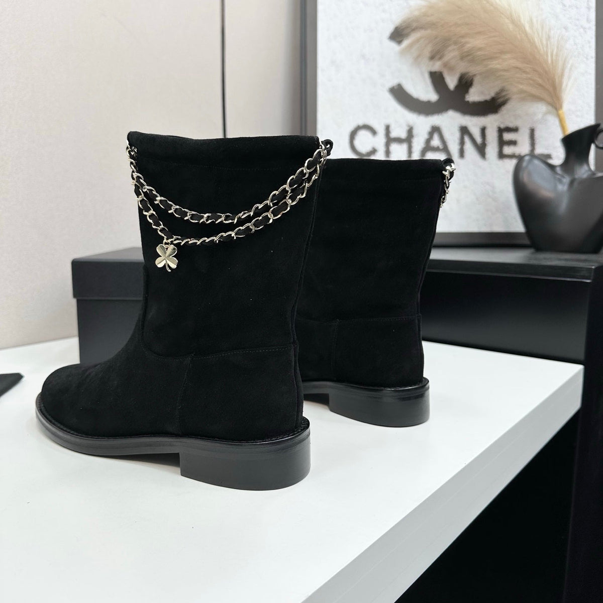 CHANEL 25S SHORT BOOTS IN BLACK SUEDE SILVER HARDWRE