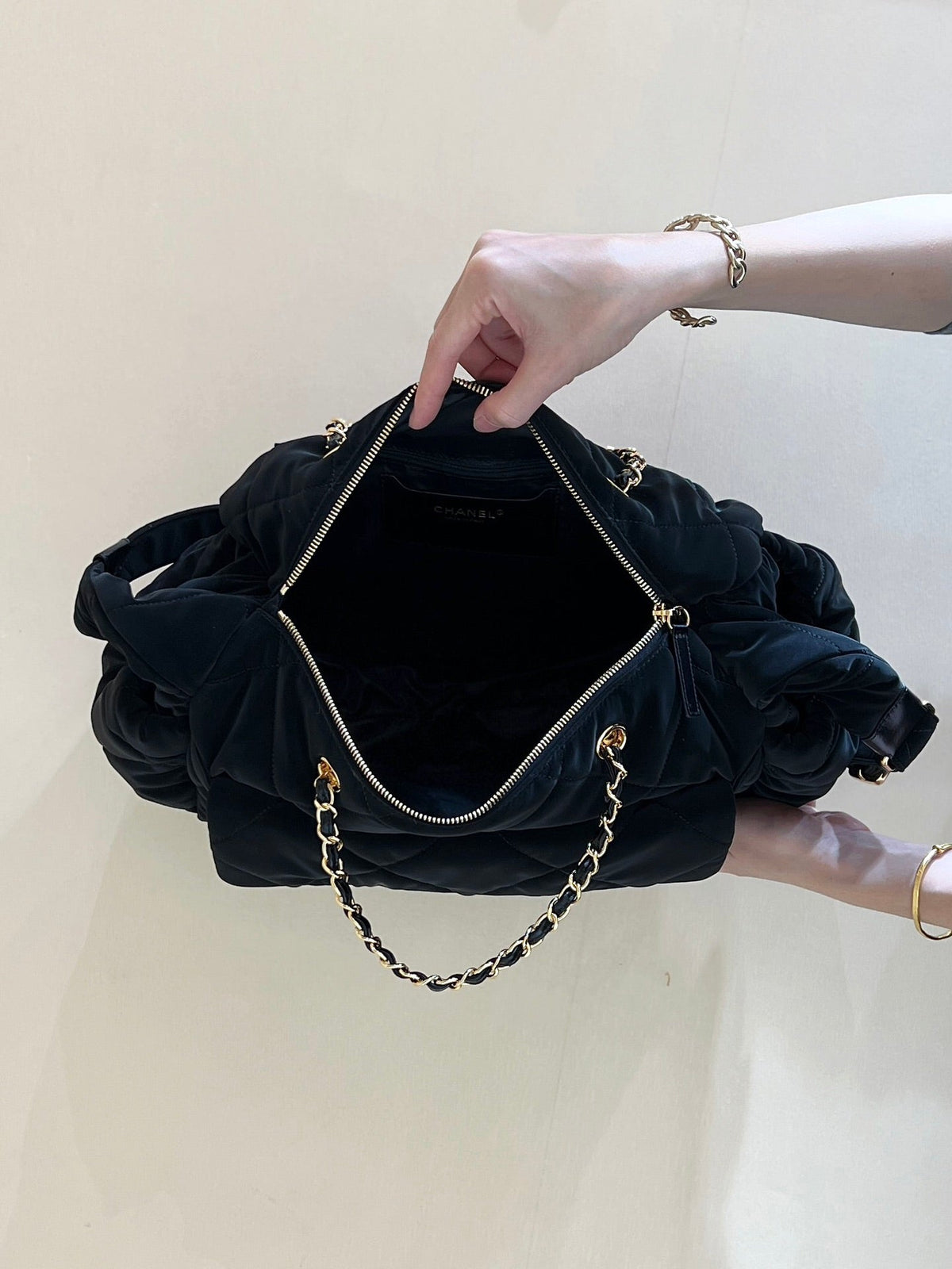 CHANEL HOBO 44 IN COCONEIGE BLACK NYLON VELVET GOLD HARDWARE