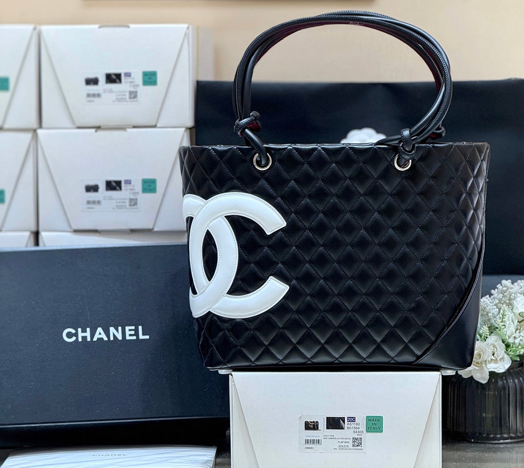 CHANEL 25S CAMBON LIGNE TOTE BAG 30 IN BLACK AND WHITE LAMBSKIN
