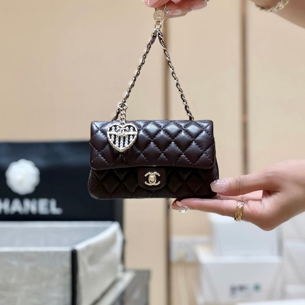 CHANEL 25S FLAP CHARM BAG 13 IN CHOCOLATE BROWN LAMBSKIN
