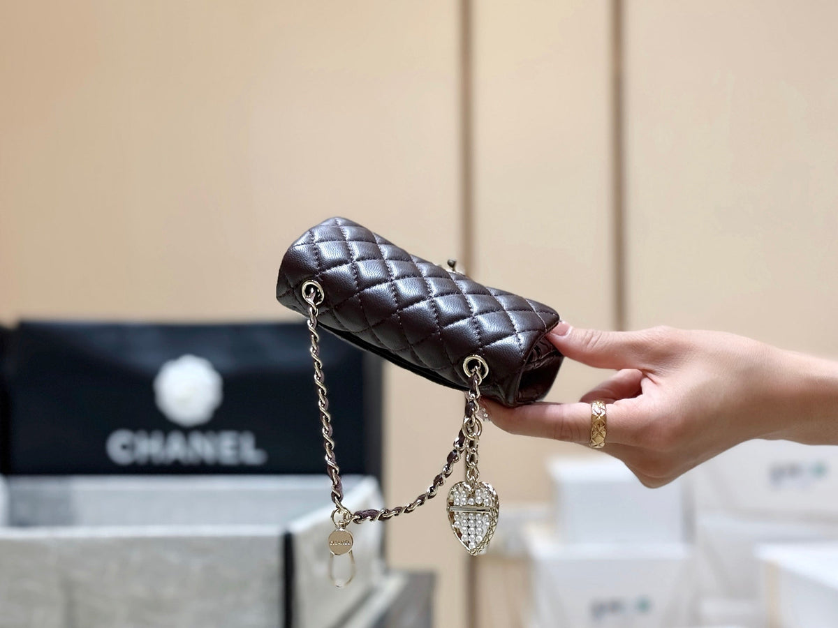 CHANEL 25S FLAP CHARM BAG 13 IN CHOCOLATE BROWN LAMBSKIN