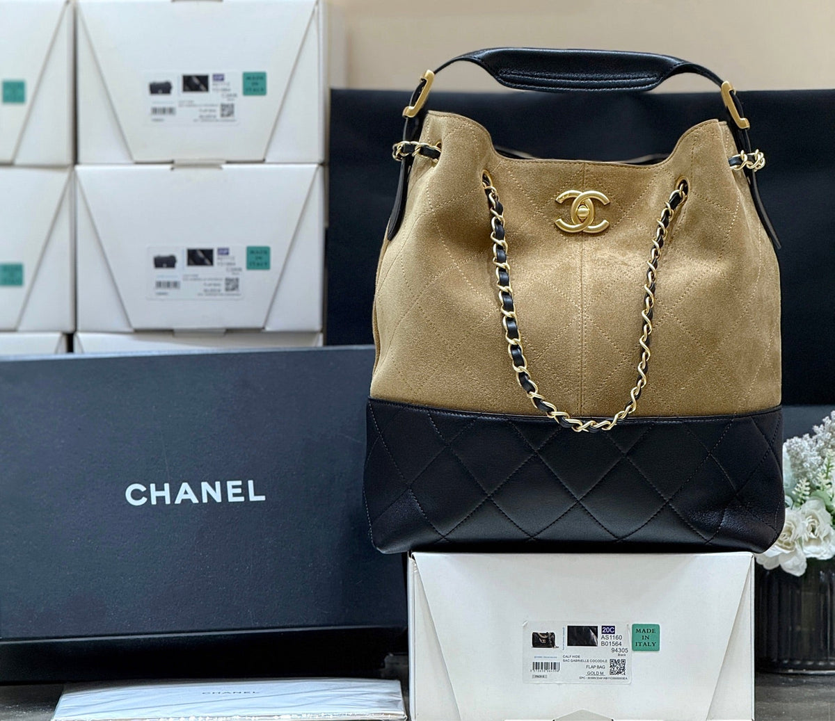 CHANEL 25S SHOPPING BAG 33 IN BROWN AND BLACK SUEDE CALFSKIN