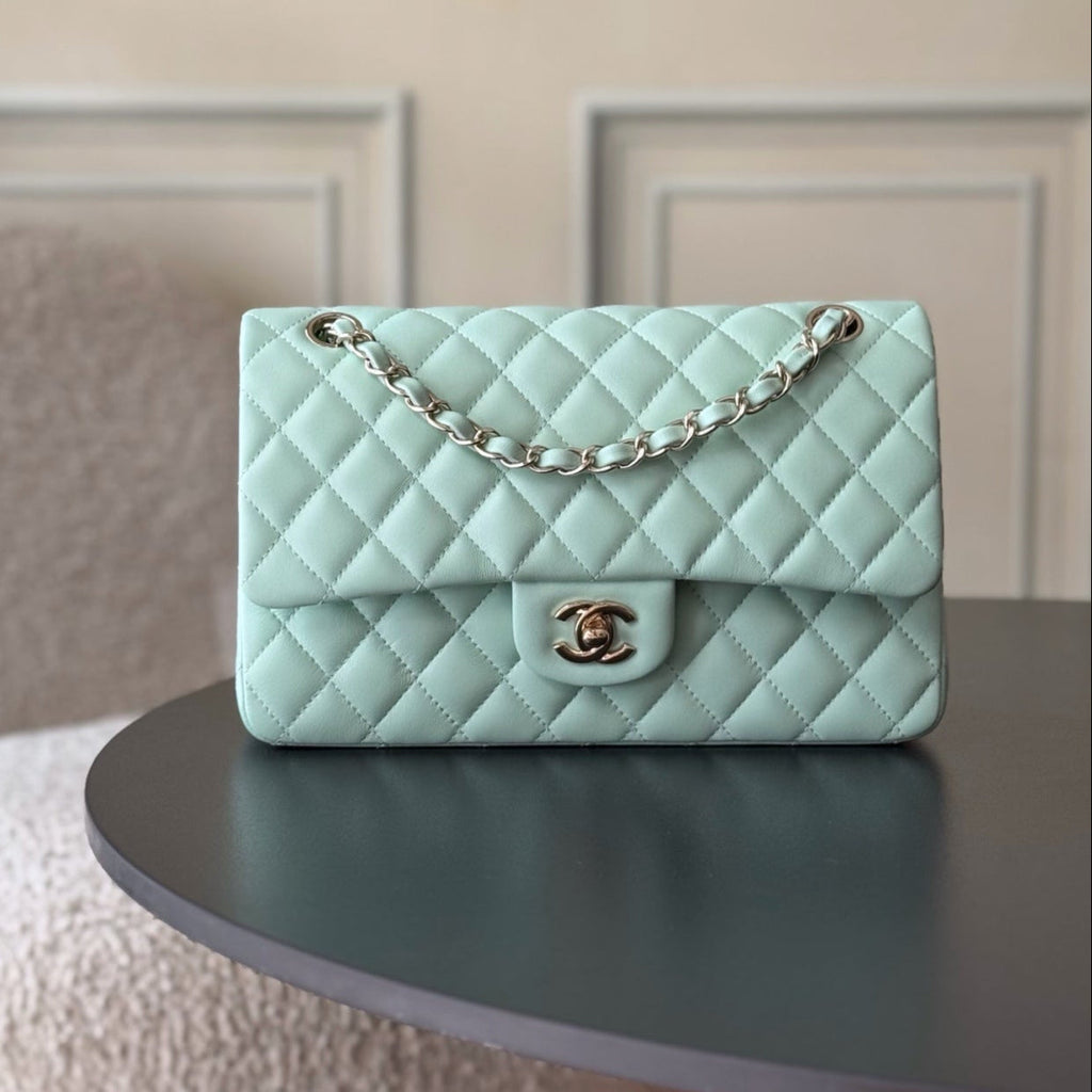 CHANEL 25S CLASSIC FLAP BAG 25 CM IN LIGHT CYAN BLUE LAMBSKIN WITH GOLD HARDWARE
